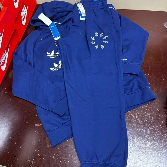 Adidas Mens Blue Shattered Trefoil Long Sleeve Hoodie & Pant Sweat Tracksuit